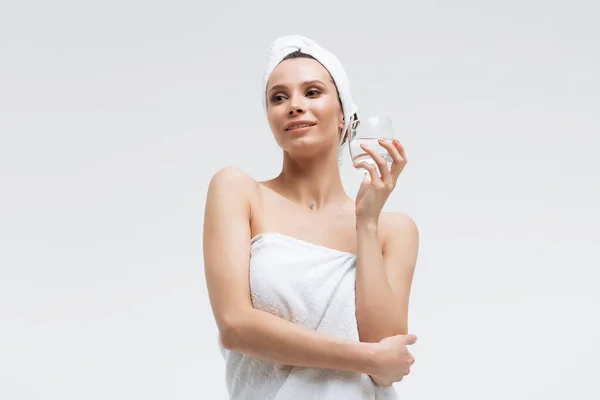 Charming Pleasant Woman Fluffy White Towel Head Glass Clean Water — Stock Photo, Image