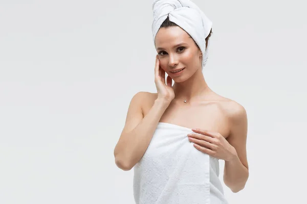 Sensual Woman Fluffy White Towel Head Looking Finger Touching Towel — Stock Photo, Image