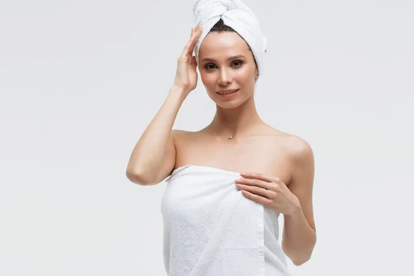 Sensual Woman Fluffy White Towel Head Looking Finger Touching Towel — Stock Photo, Image