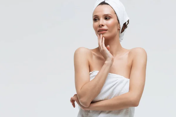 Sensual Woman Fluffy White Towel Head Looking Finger Touching Towel — Stock Photo, Image