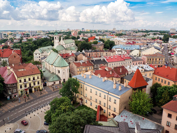 Lublin, Poland - July, 2017: old town with a bird's eye view. Tourist attractions and sights Lublin