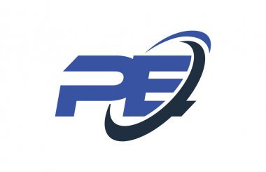 PE Logo Swoosh elips mavi mektup vektör kavramı