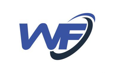 WF Logo Swoosh elips mavi mektup vektör kavramı 