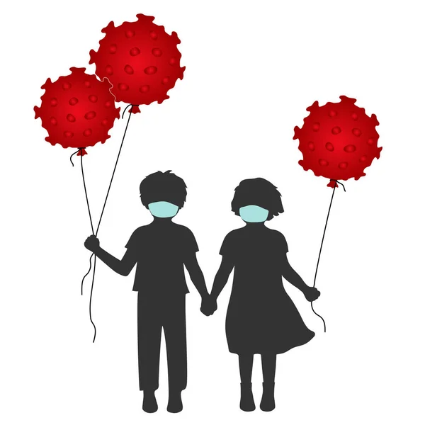 Maskeli bir kız ve bir erkek, ellerinde kırmızı balonlar tutuyorlar. Siluet. Tatil, geçit töreni ya da partinin yasaklanmasının sembolü.