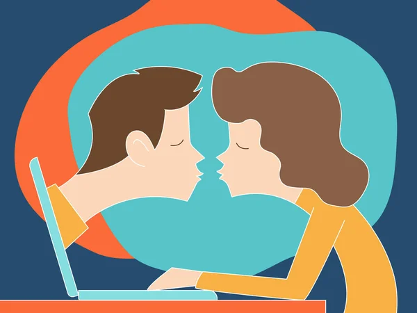 Citas en línea, amor de larga distancia, un beso. Video chat vector concepto — Vector de stock