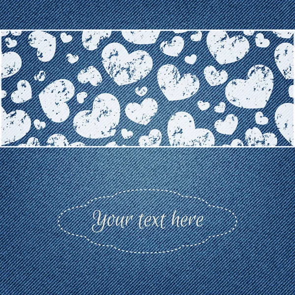 Denim background with hearts pattern. Place for your text. — Stock Vector