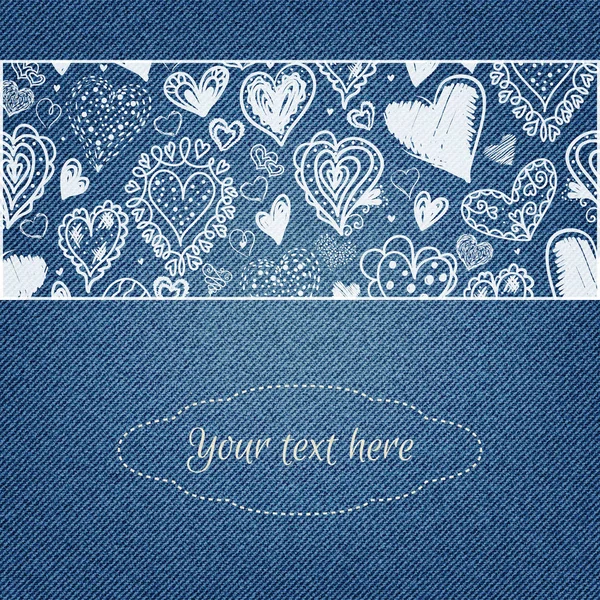 Denim background with hearts pattern. Place for your text. — Stock Vector