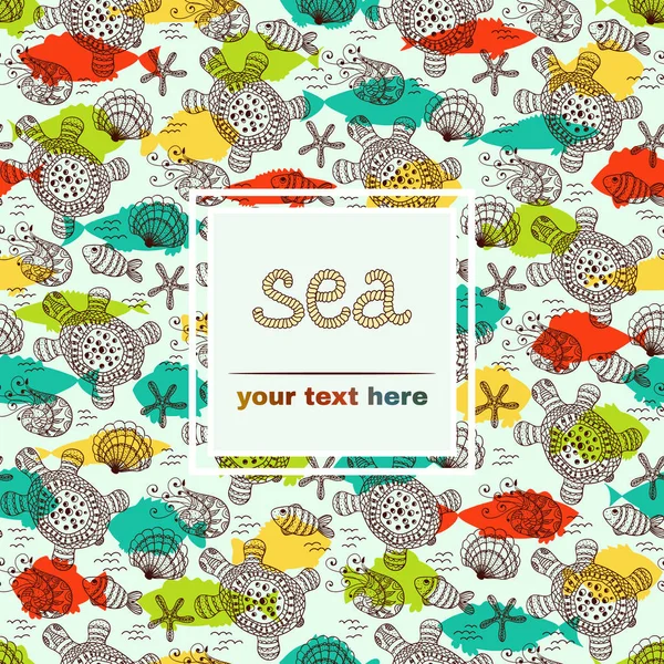 Banner en patrón de mar con vida marina. También se puede utilizar ornamento de fondo como patrón sin costuras . — Vector de stock