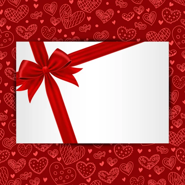 Karte mit roter Geschenkschleife und Schleife auf Herzen nahtloses Muster. — Stockvektor