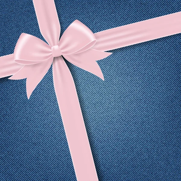 Карточка с розовым бантом подарка и лентой на фоне джинсы . — стоковый вектор