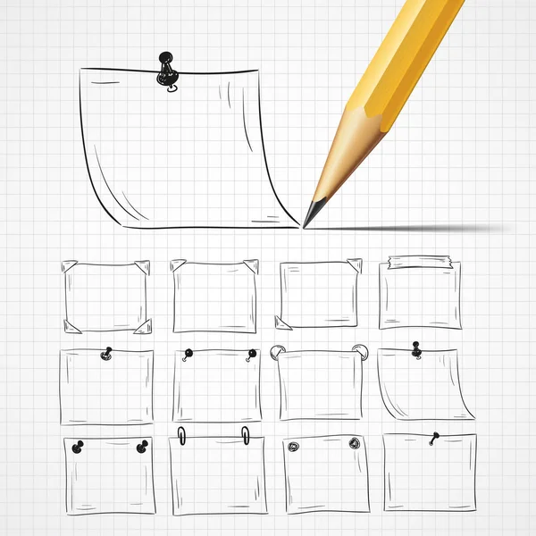 Handritade anteckningar set. Doodle pappersark för anteckningar. Penna med skugga. Håna upp. Utbildning-konceptet. Penna för att rita. — Stock vektor