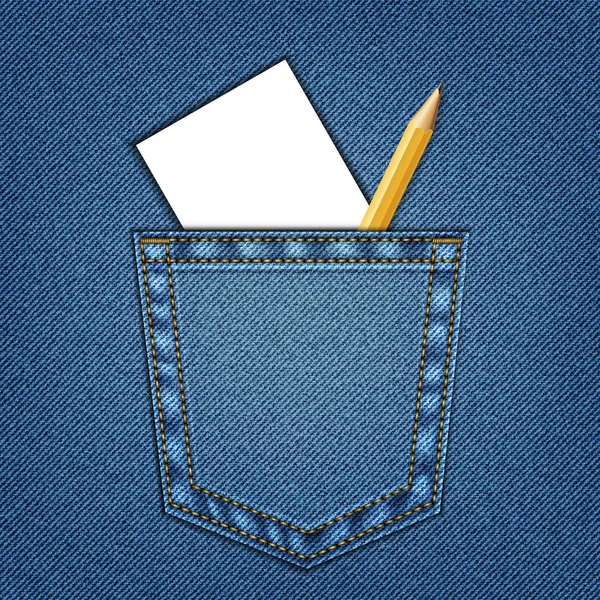 Jeans zak met potlood en papier wit. Sjabloon. Onderwijs Concept. Potlood voor tekening. — Stockvector