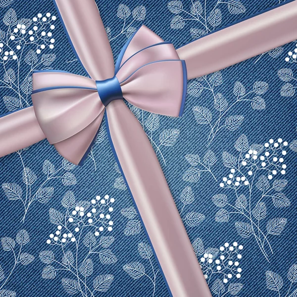 Rosa realista com laço de presente azul e fita em fundo de ganga com padrão floral . — Vetor de Stock