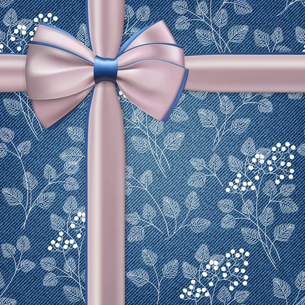 青いギフト弓とリボン デニム花柄の背景に現実的なピンク. — ストックベクタ