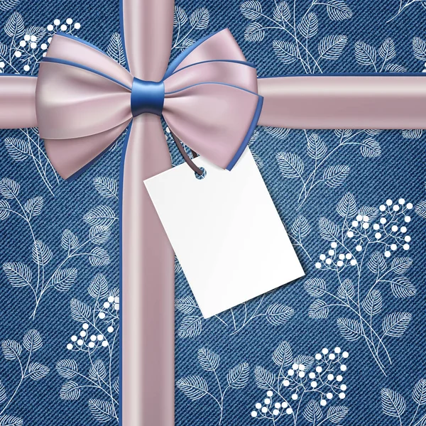 青いギフト弓とリボン デニム花柄の背景に現実的なピンク. — ストックベクタ