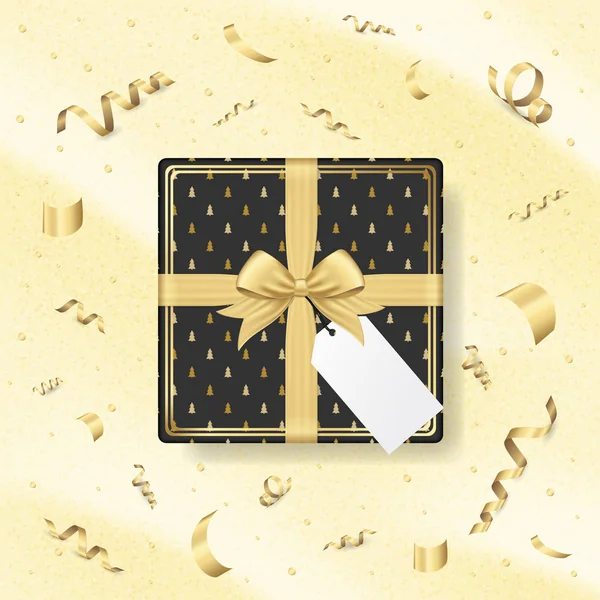 Realistic gift box with gold ribbons and label paper for your text. Holiday background. Template for your design. — Stock Vector