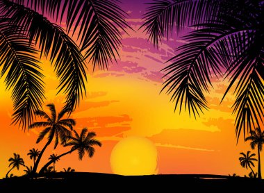 Gerçekçi palmiye ağaçları siluet tropikal grunge günbatımı plaj zemin üzerine kartıyla.