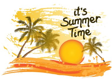 Gerçekçi palmiye ağaçları siluet tropikal grunge günbatımı plaj zemin üzerine kartıyla.