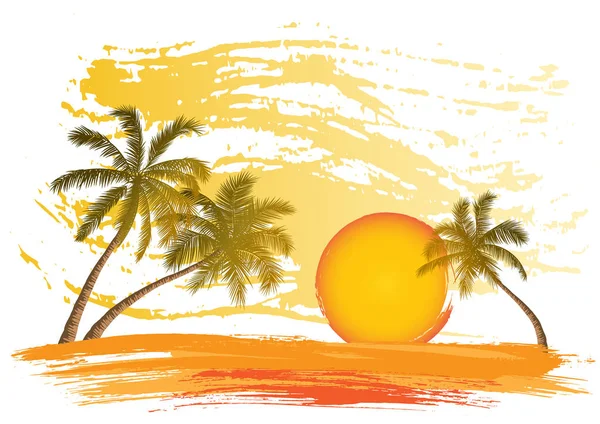 Cartão com silhueta de palmeiras realista em fundo de praia tropical grunge sunset . — Vetor de Stock