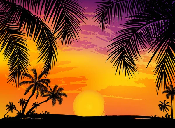 Kaart met realistische palm bomen silhouet op tropische grunge sunset beach achtergrond. — Stockvector