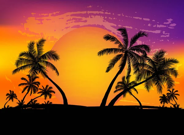 Tarjeta con silueta de palmeras realistas sobre fondo de playa de puesta de sol grunge tropical . — Vector de stock