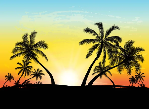 Kaart met realistische palm bomen silhouet op tropische grunge sunset beach achtergrond. — Stockvector