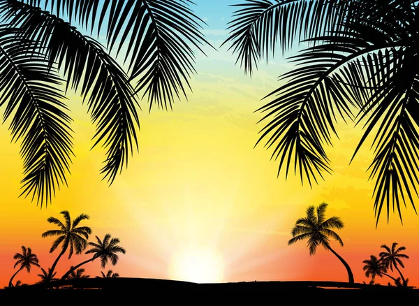 Tarjeta con silueta de palmeras realistas sobre fondo de playa de puesta de sol grunge tropical . — Vector de stock