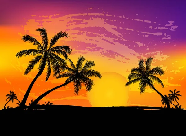 Kort med realistiska palm träd silhuett på tropiska grunge sunset beach bakgrund. — Stock vektor