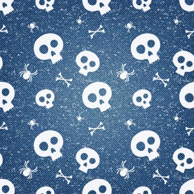 Kafatasları desen denim arka plan üzerinde.