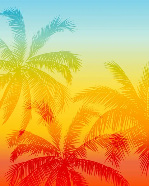 Tarjeta con silueta de palmeras realistas sobre fondo de playa de puesta de sol grunge tropical . — Vector de stock