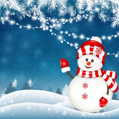 Yeni yıl ve mutlu Noeller arka plan ile kardan adam.