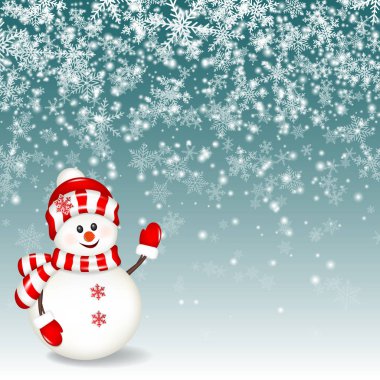 Kar yağışı ile mavi arka plan üzerinde izole kış tasarımınız için kardan adam.