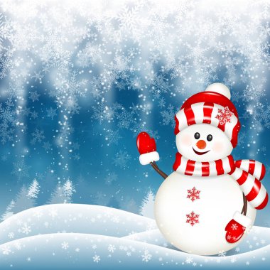 Kar yağışı ile mavi arka plan üzerinde izole kış tasarımınız için kardan adam.