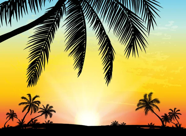 Kaart Met Realistische Palm Bomen Silhouet Tropische Grunge Sunset Beach — Stockvector