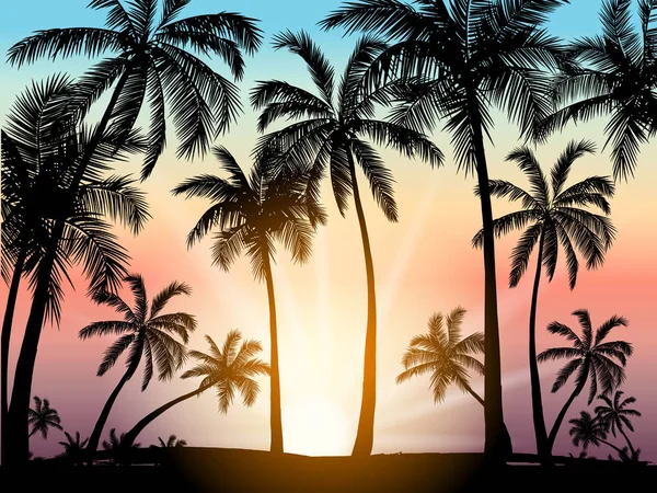 Kaart Met Realistische Palm Bomen Silhouet Tropische Grunge Sunset Beach — Stockvector