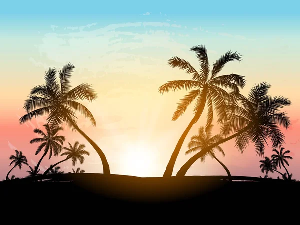 Carte Avec Silhouette Réaliste Palmiers Sur Fond Plage Coucher Soleil — Image vectorielle