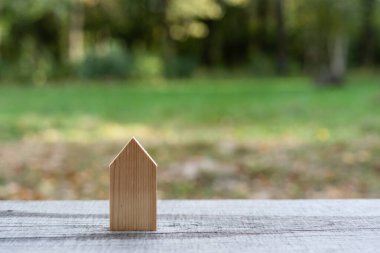 Doğal ahşap arka planda alışveriş arabası olan oyuncak ahşap bir ev. Doğada ya da şehir dışında gayrimenkul satın alma konsepti fotoğrafı.