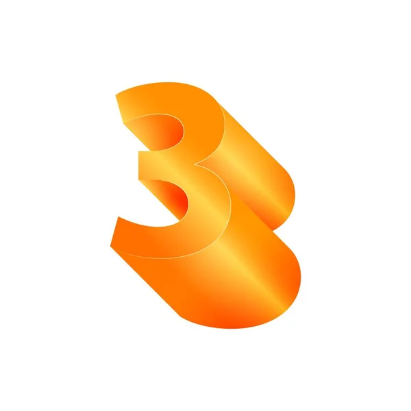 Derde nummer drie. Volumetrische oranje figuur met een metalen glans. — Stockvector