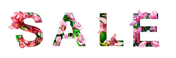 Venda. Texto das orquídeas. Corte papel com flores tropicais reais na forma de uma fonte, para uma promoção sazonal — Fotografia de Stock