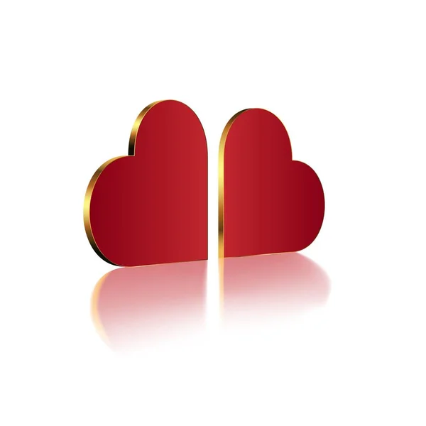 Derde hart. Twee realistische symbolen van liefde met een gouden rand en reflectie. Element voor Valentijnsdag begroeting samenstelling. — Stockvector