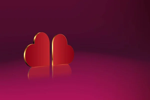 3D srdce. Dva realistické symboly lásky se zlatým okrajem a odrazem. Element for Valentines Day greeting composition. — Stockový vektor