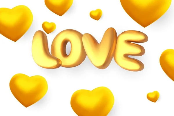 Liefde. Golden 3d tekst met volumetrische harten — Stockvector
