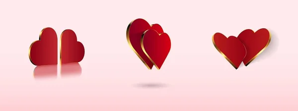 3D srdce. Sada červené se zlatými hraničními symboly lásky. Skvělý prvek pro Valentýnskou kompozici — Stockový vektor