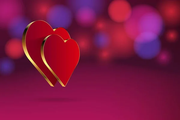 Dvě srdce se zlatou hranicí na červeném pozadí. Skladba na svátek sv. Valentýna. — Stockový vektor