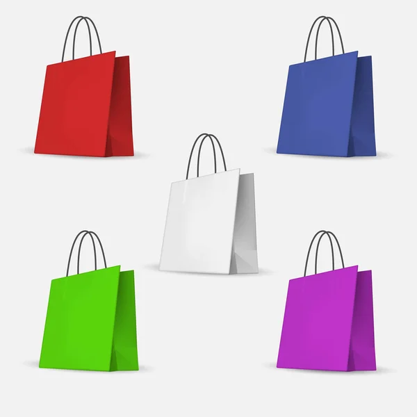 Bolsas de papel vacías para ir de compras. Un conjunto de envases blancos, azules, verdes y morados . — Archivo Imágenes Vectoriales