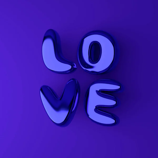 Liefde. Volumetrische metallic blauwe letters vergelijkbaar met ballonnen. Element voor Valentijnsdag begroeting compositie. 3d destructie — Stockfoto