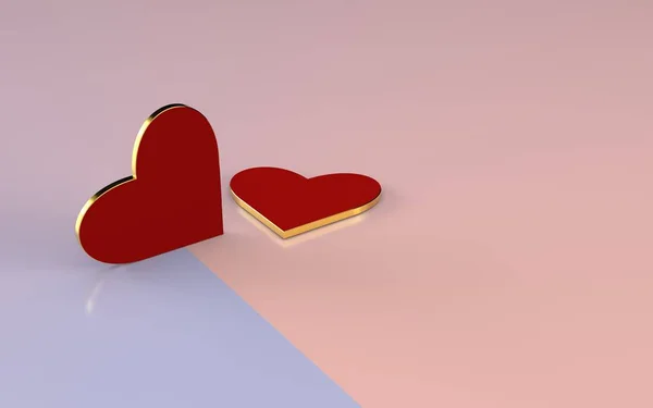 薄いピンクの背景に金の境界線を持つ2つの赤い心。バレンタインデーの休日のための作曲。3Dレンダリング — ストック写真