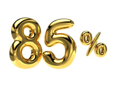 Yüzde 85 indirim. Numara şeklinde altın renkli parlak bir balon. 3d oluşturma
