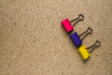 Ataç. Bir yonga tahtasında üç renkli mandal..