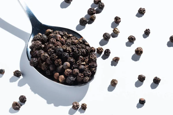 Metal Spoon Fragrant Black Pepper White — Stock Photo, Image